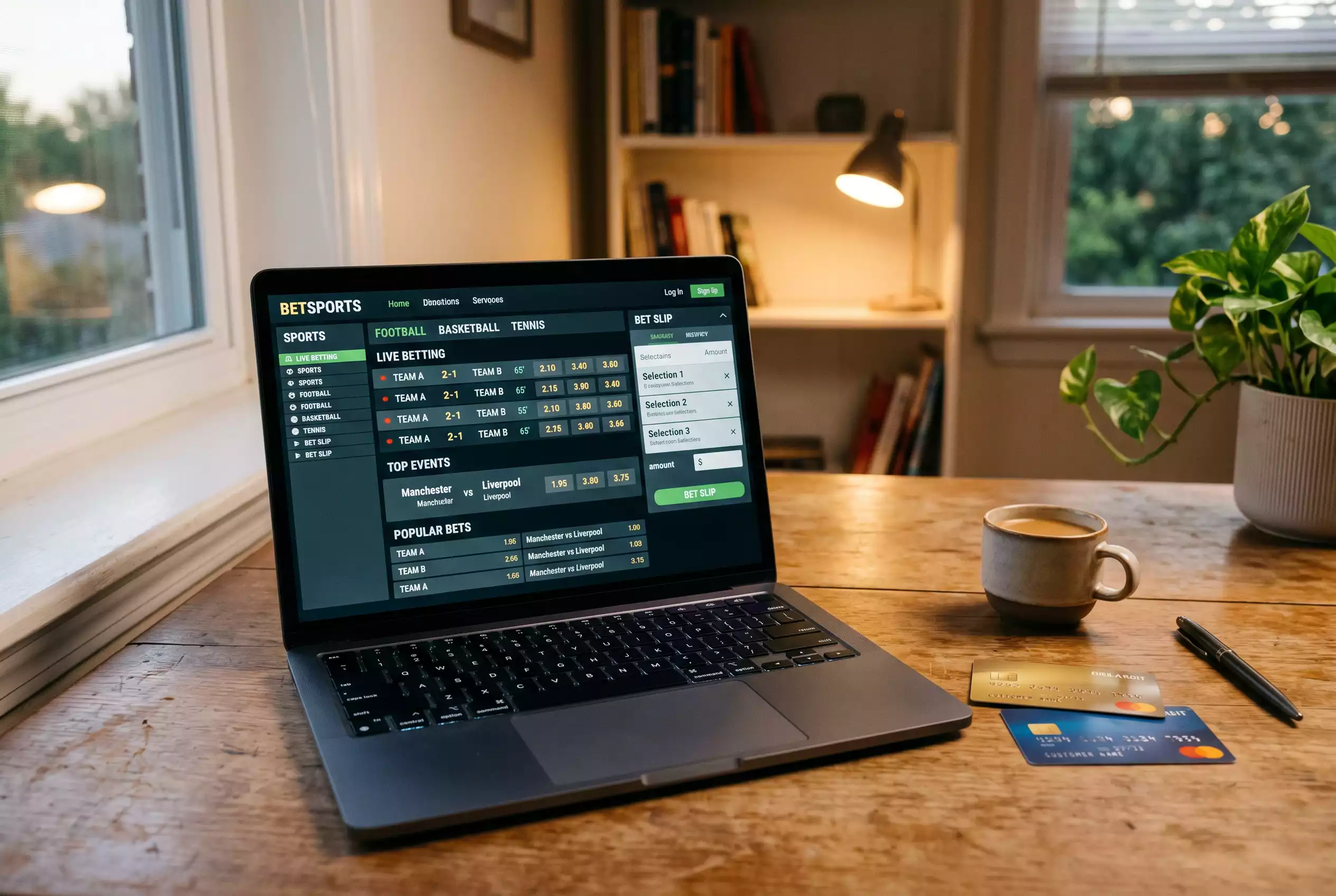 Laptop mit einer geöffneten Sportwetten-Seite und Kreditkarten auf dem Tisch