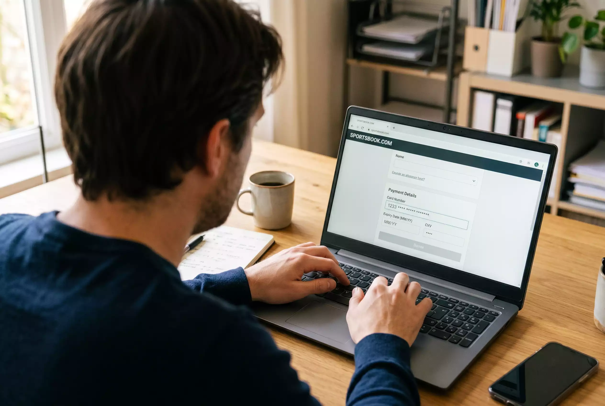 Person tippt Kreditkartendaten in eine Sportwetten-Website auf einem Laptop ein
