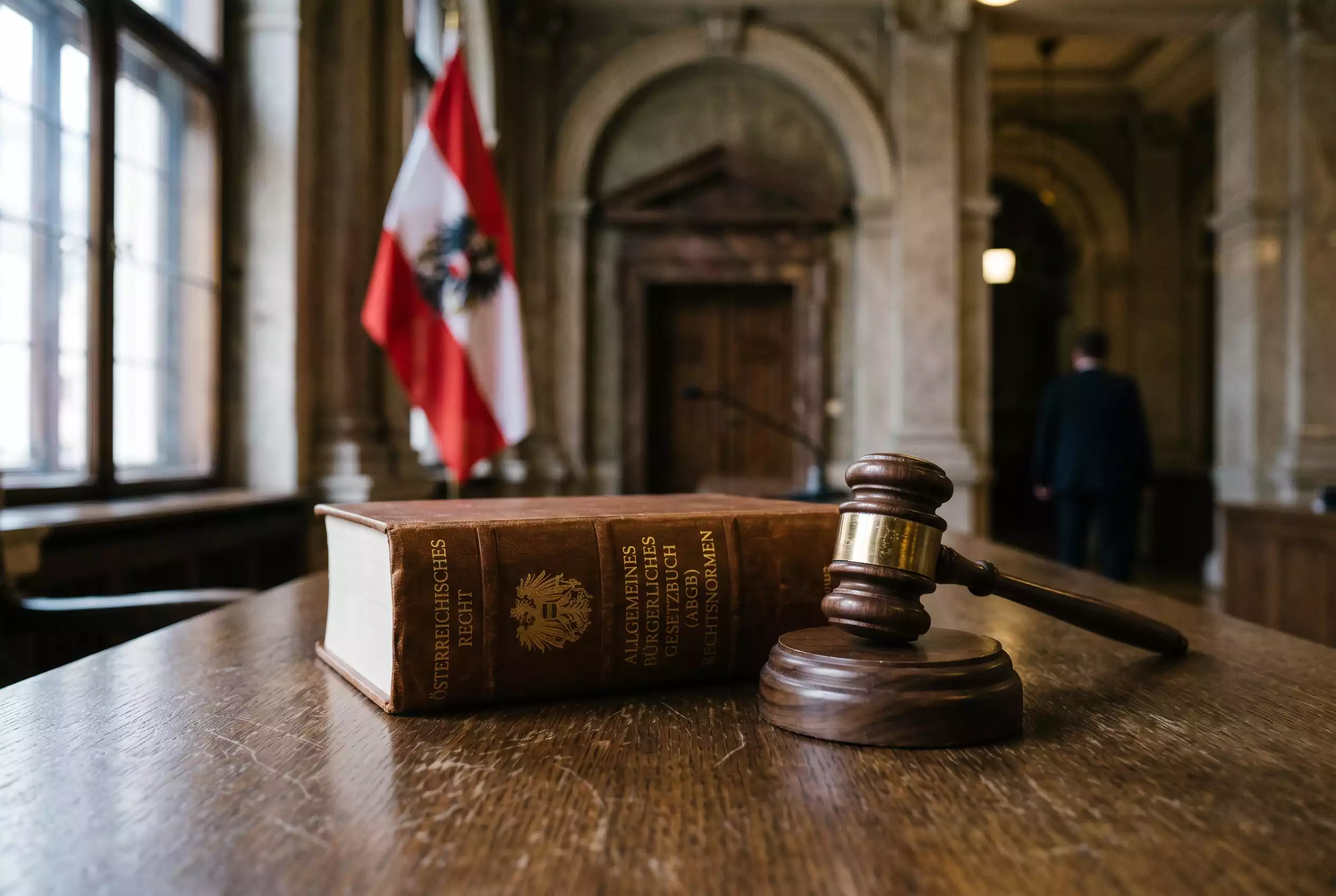 Gesetzbuch und Richterhammer auf einem Tisch mit unscharfem Parlamentsgebäude im Hintergrund