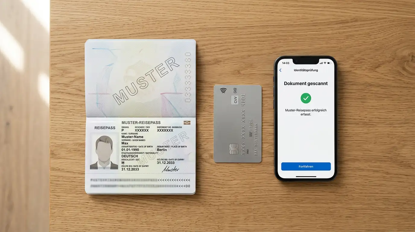 Reisepass und Kreditkarte auf einem Tisch neben einem Smartphone mit Kamera