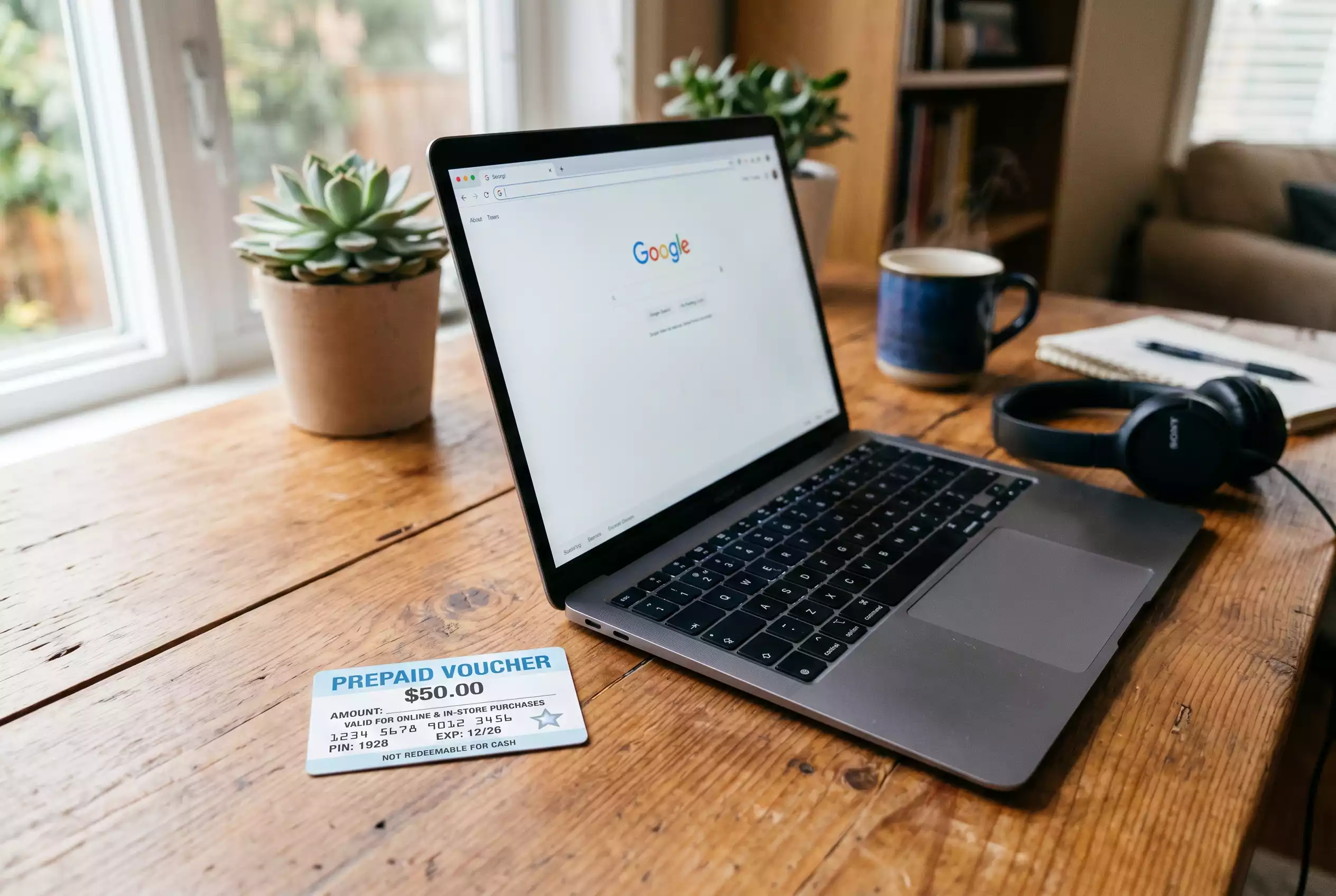 Prepaid-Guthabenkarte neben einem Laptop auf einem Schreibtisch