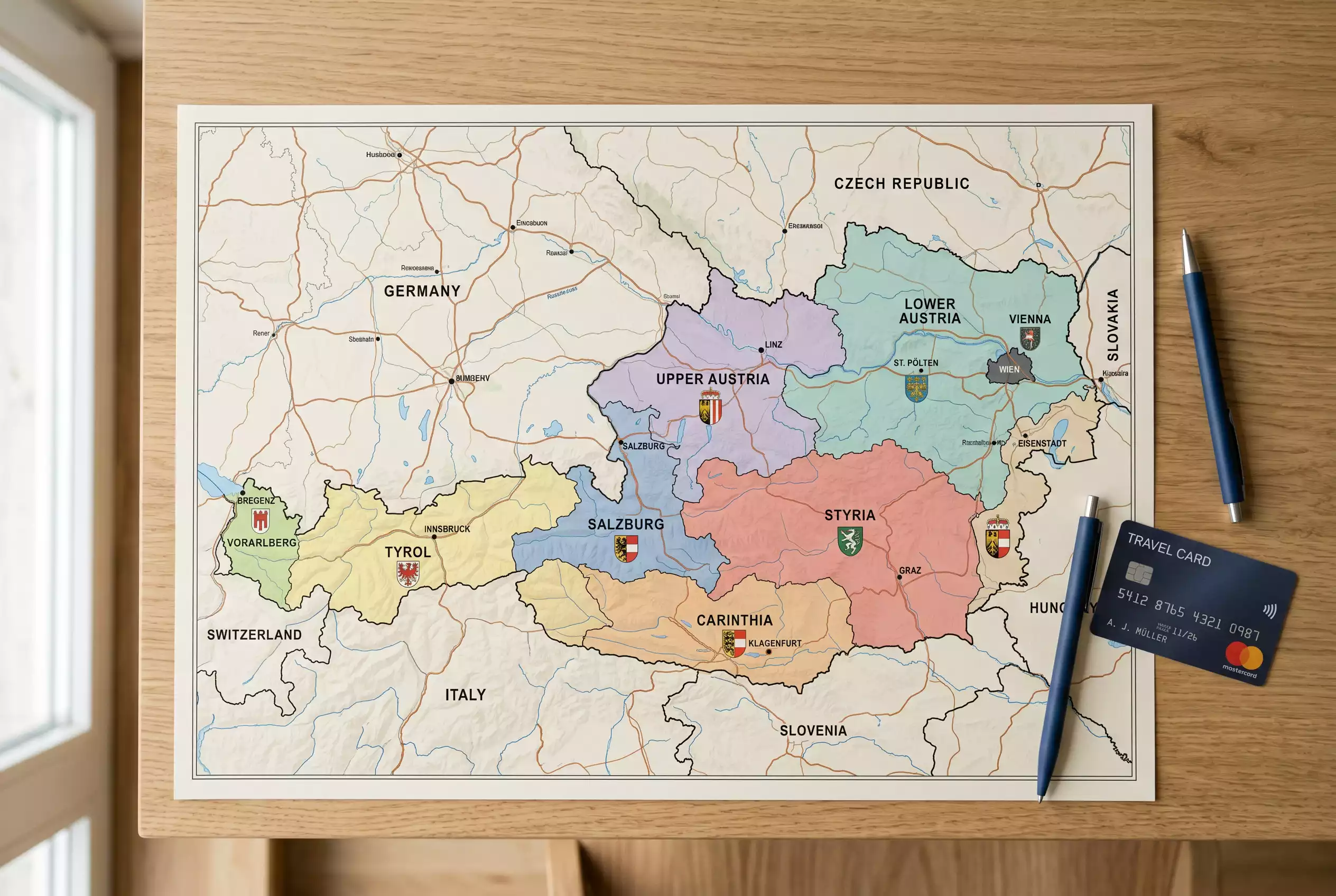 Landkarte von Österreich mit farblich markierten Bundesländern auf einem Schreibtisch