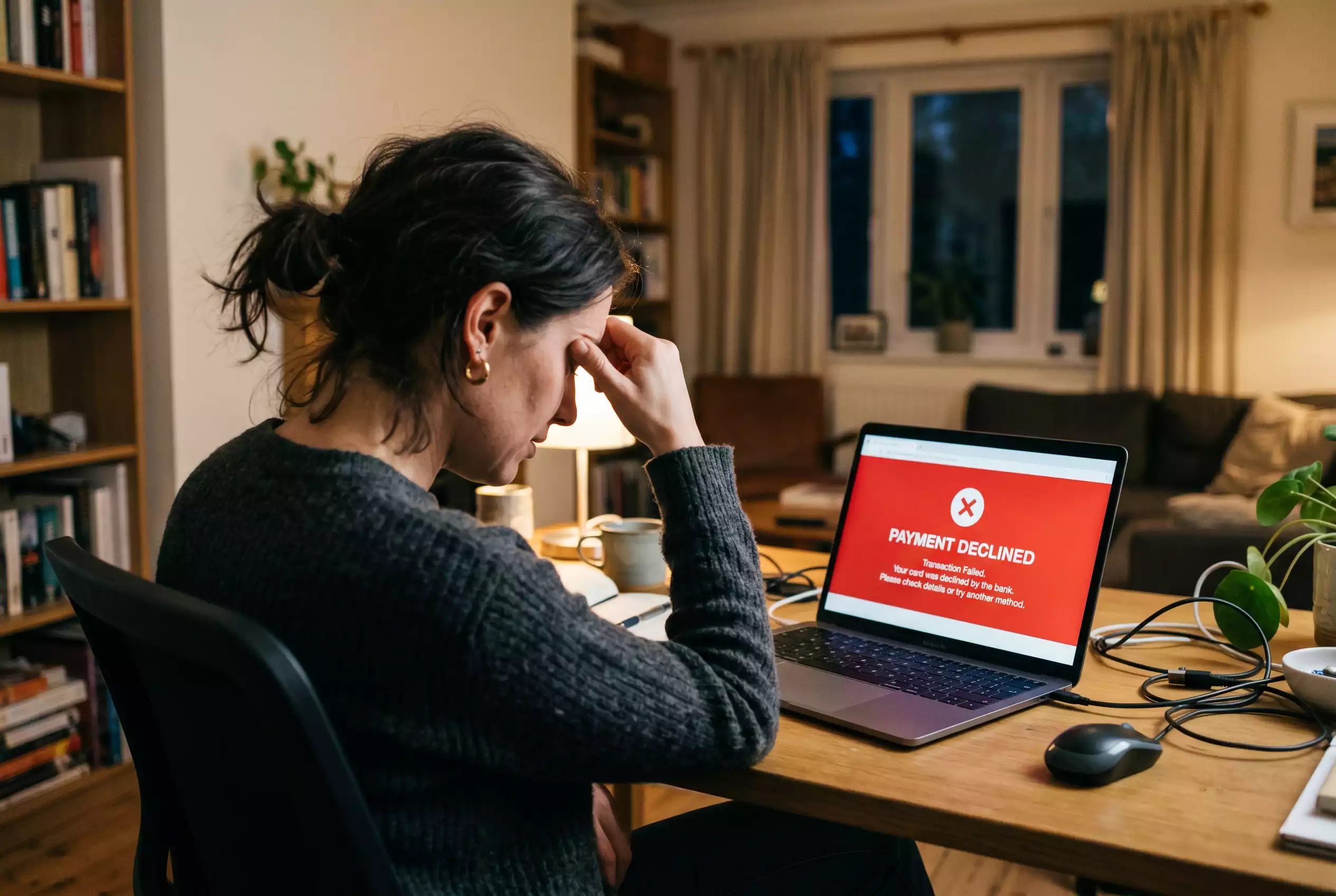 Person blickt auf einen Laptopbildschirm mit einer Fehlermeldung bei der Kreditkartenzahlung