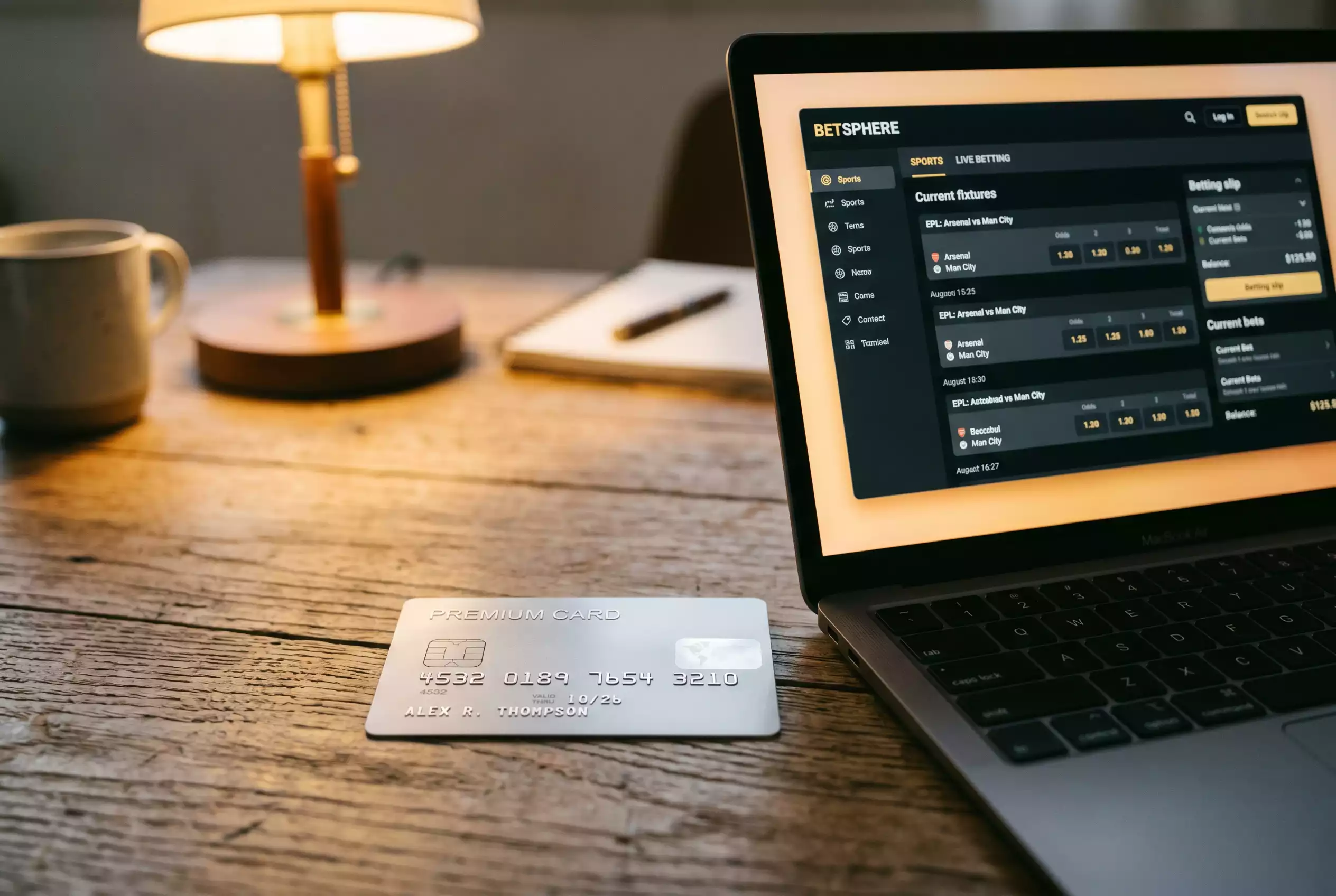 Kreditkarte neben einem Laptop mit geöffneter Sportwetten-Seite auf einem Schreibtisch