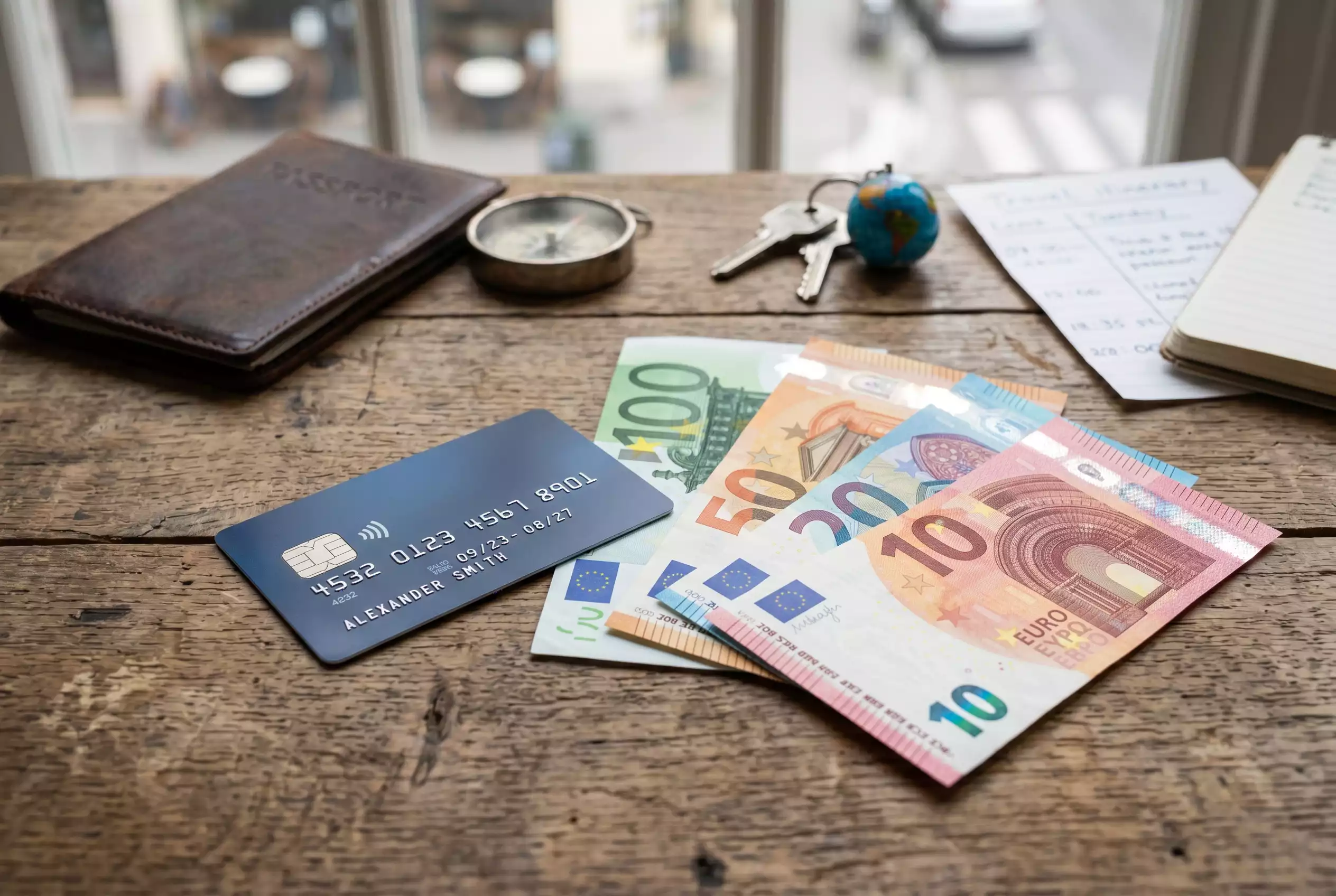 Kreditkarte neben Euro- und anderen Währungssymbolen auf einem Schreibtisch