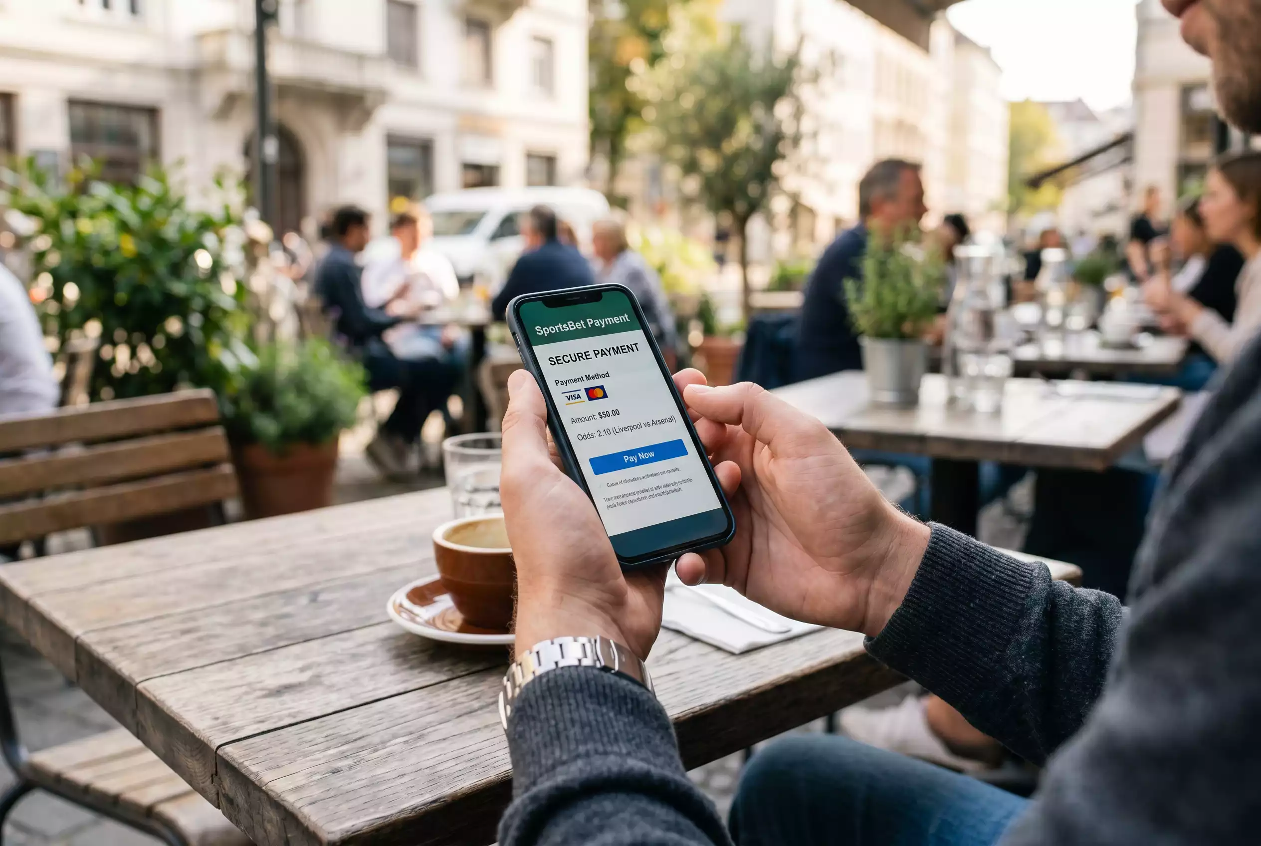 Smartphone in der Hand einer Person mit einer geöffneten Sportwetten-App