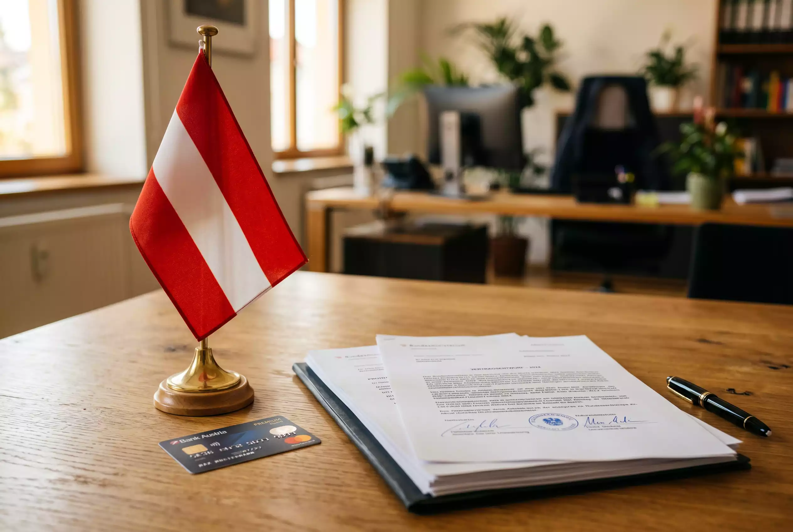 Österreichische Flagge neben Dokumenten und einer Kreditkarte auf einem Schreibtisch
