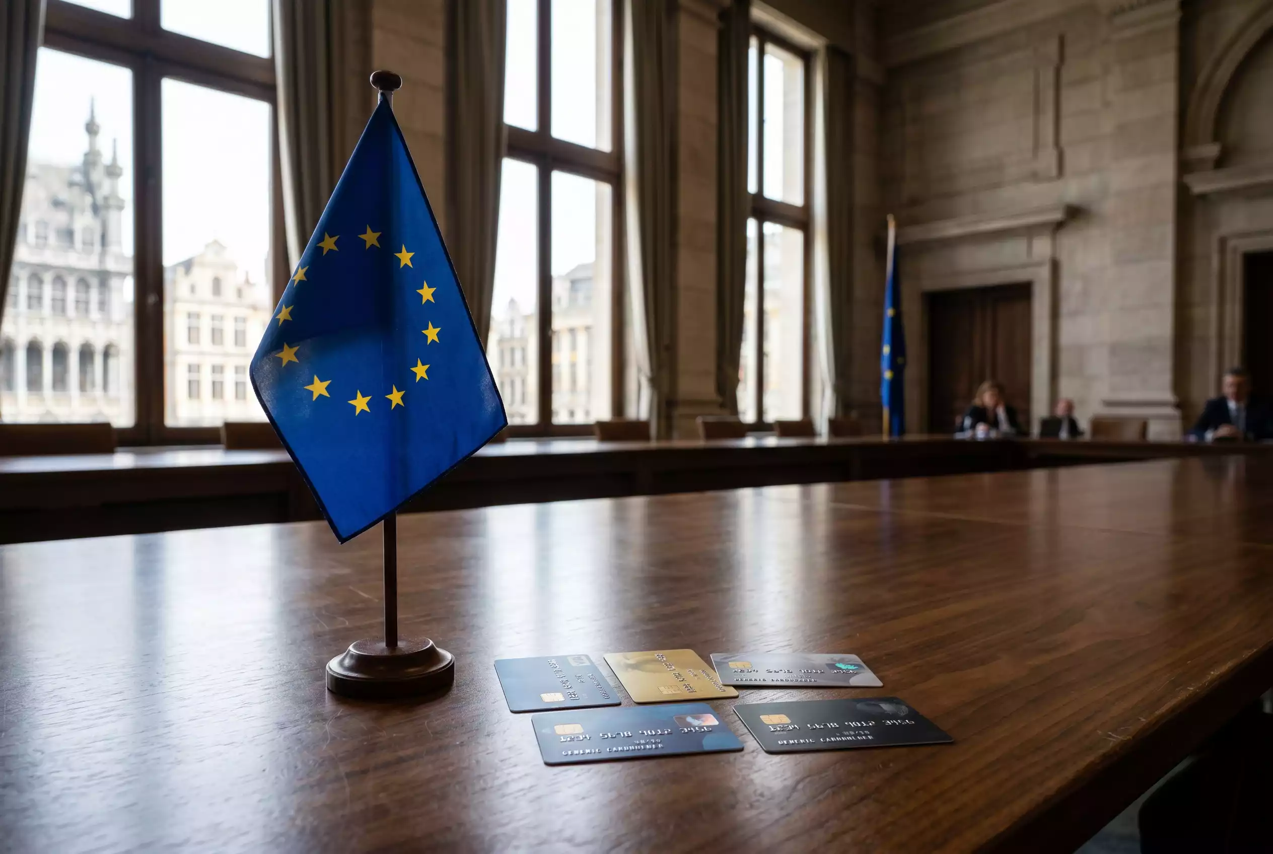 EU-Flagge und Kreditkarten auf einem Konferenztisch in einem Regierungsgebäude